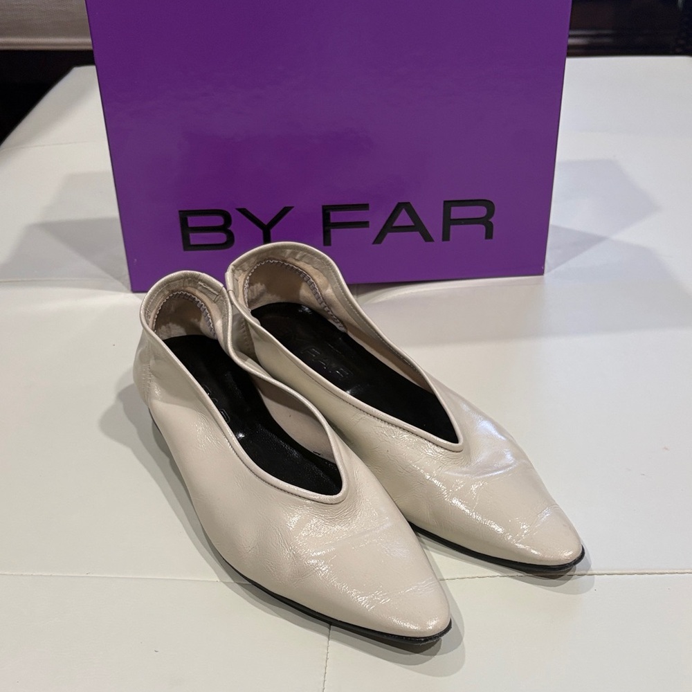 BY FAR Cream Patent Pointed Ballet Flats